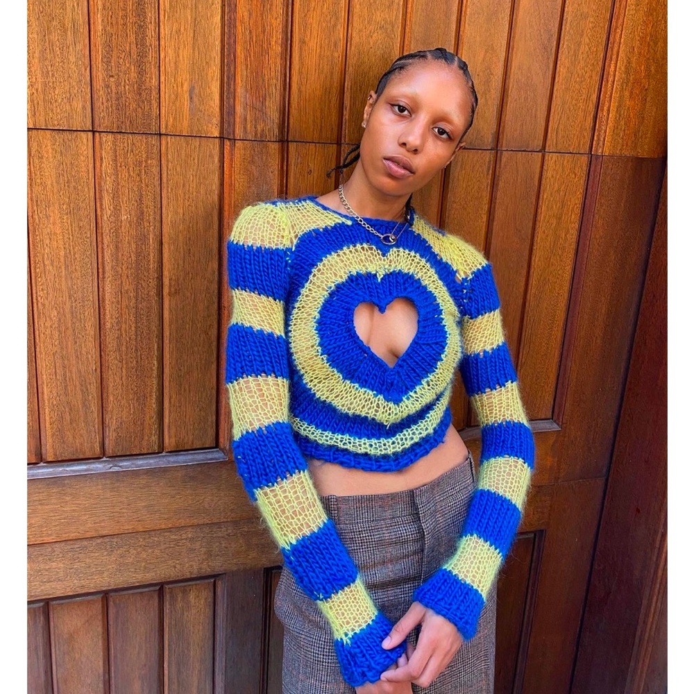 Lirika Matoshi Blue & Gold Yellow Keyhole Heart Striped Sweater